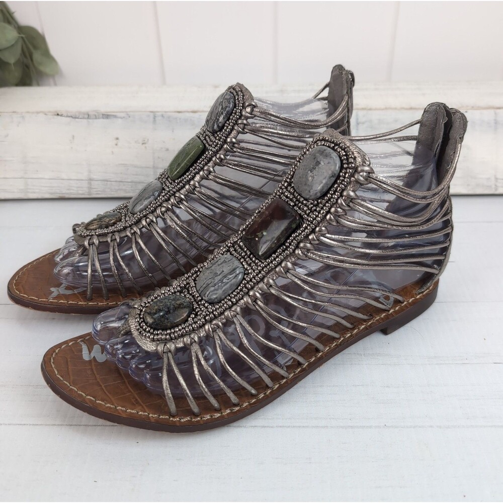 Sam Edelman Hazel Silver Gladiator Sandals Stone Embellishments Size 7.5